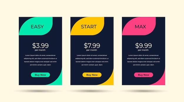 Vector modern pricing table design with colorful subscription plans, hosting table banner, colorful pricing