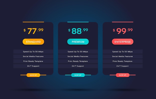 Vector modern pricing table design with colorful subscription plans hosting table banner colorful pricing