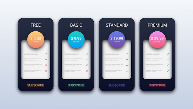 Vector modern pricing table template for business