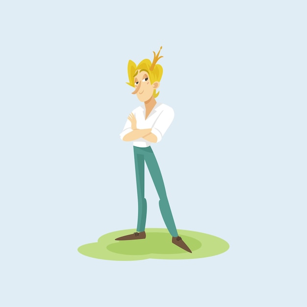 Modern prince in casual clothes and golden crown funny young man comic character colorful vector Illustration in cartoon style