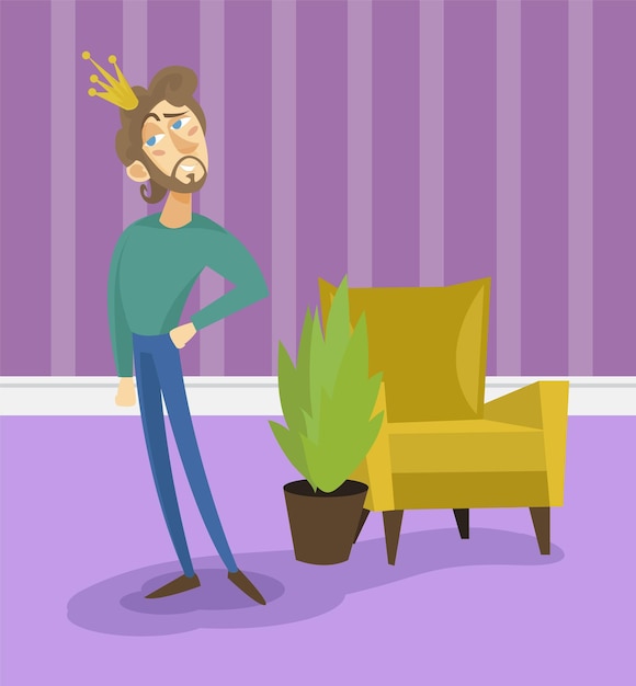 Modern prince in casual clothes and golden crown funny young man comic character posing on the background of living room apartment colorful vector illustration in cartoon style