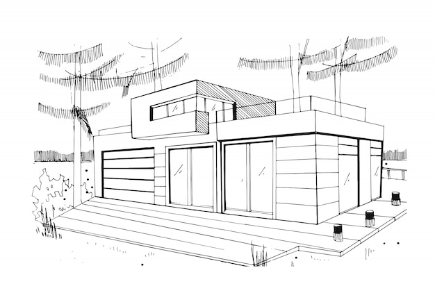 Modern private residential house. Hand drawn, contour, black and white sketch illustration.