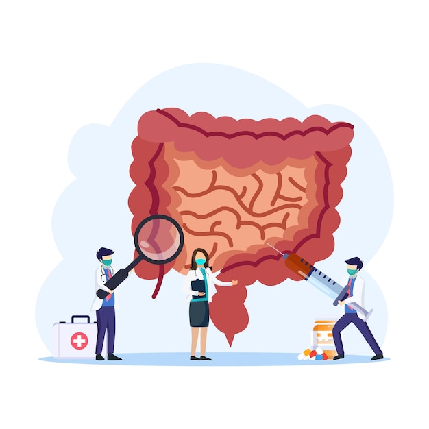 Modern process intestinal inner organs disease treatment design concept with tiny people vector