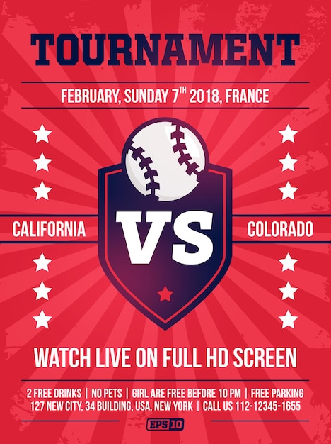 Poster di design sportivo professionale moderno con torneo di baseball a tema rosso