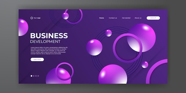 Modern purple business landing page template with abstract modern 3d background. dynamic gradient composition. design for landing pages, covers, flyers, presentations, banners. vector illustration