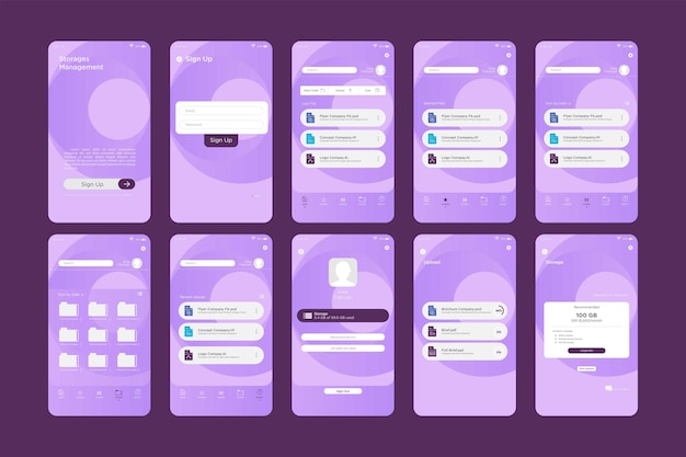 Modello del kit dell'interfaccia utente dell'app per la gestione dell'archiviazione del cerchio arrotondato viola moderno