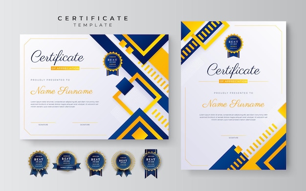 Moderno modello di certificato di successo viola e giallo con badge e bordo per aziende e aziende