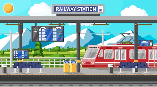 Современная железнодорожная станция с высокоскоростным поездом и платформой с расписанием супер оптимизированный поезд пассажирский экспресс железная дорога локомотив железная дорога общественный транспорт метро плоская векторная иллюстрация