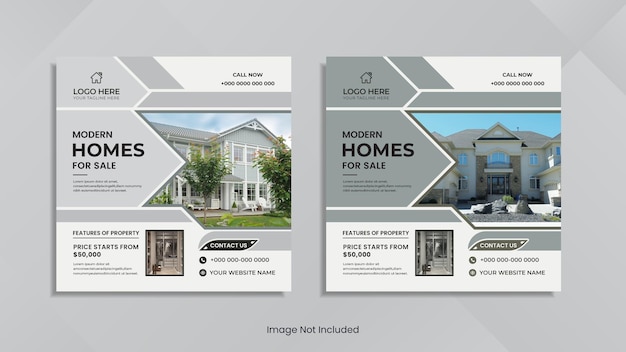Design moderno dei post sui social media immobiliari con forme geometriche minime.