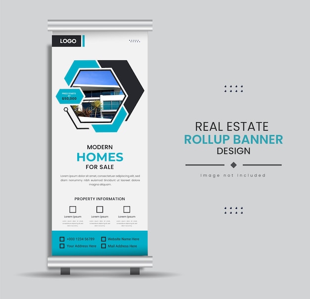 Modern Realestate home for sale rollup display standee with blue and black creative shapes