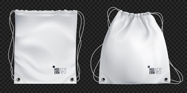 Modern realistic ad concept of white drawstring bag on dark transparent background vector illustration