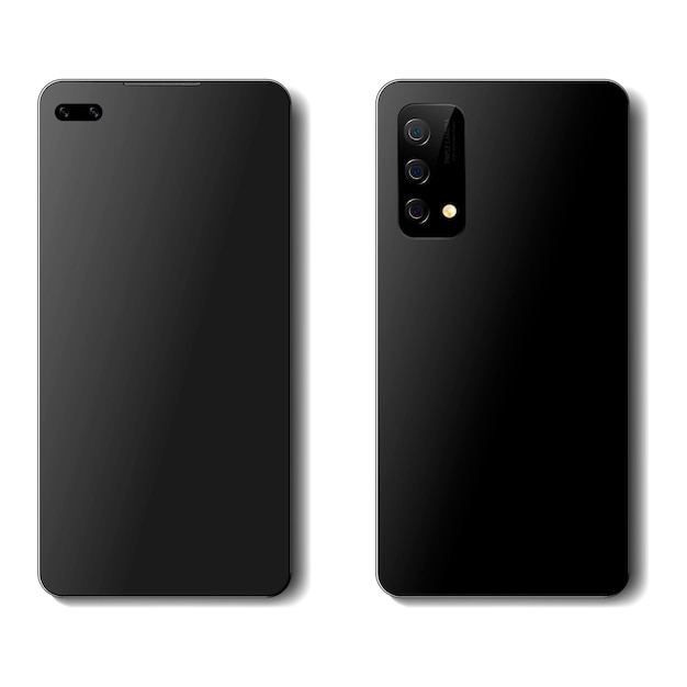 Современный реалистичный черный смартфон на белом изолированном фоне с теневыми бликами и камерой