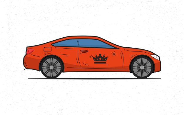 Modern red car with crown sticker, side view vehicle illustration