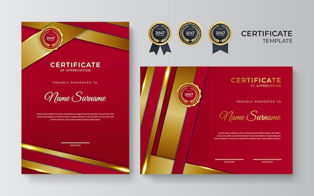 Modern red certificate template and border for award diploma and printing Red and gold elegant certificate of achievement template with gold badge and border