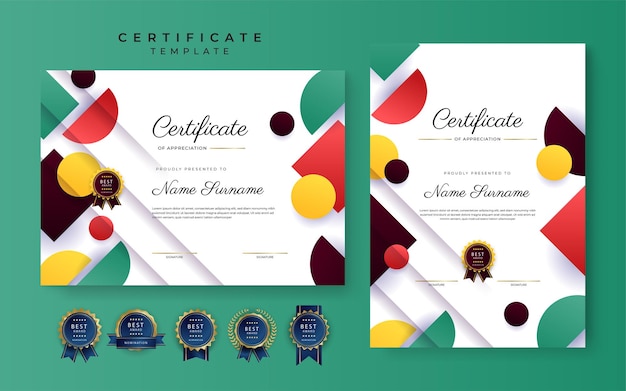 Modern red green yellow certificate of achievement border template with luxury badge and modern line pattern For award business and education needs