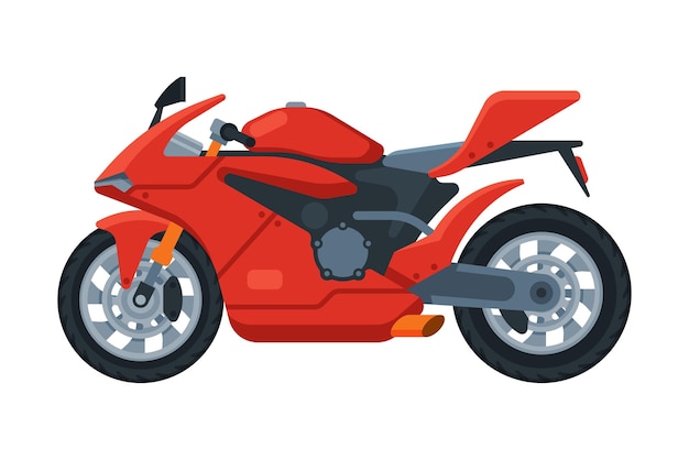 Modern Red Motorcycle Motor Vehicle Transport Side View Flat Vector Illustration