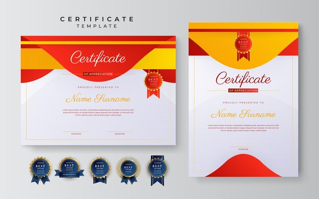 Modello di certificato di successo moderno rosso e arancione con badge e bordo per aziende e aziende