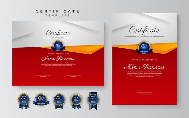 Modello di certificato di successo moderno rosso e arancione con badge e bordo per aziende e aziende