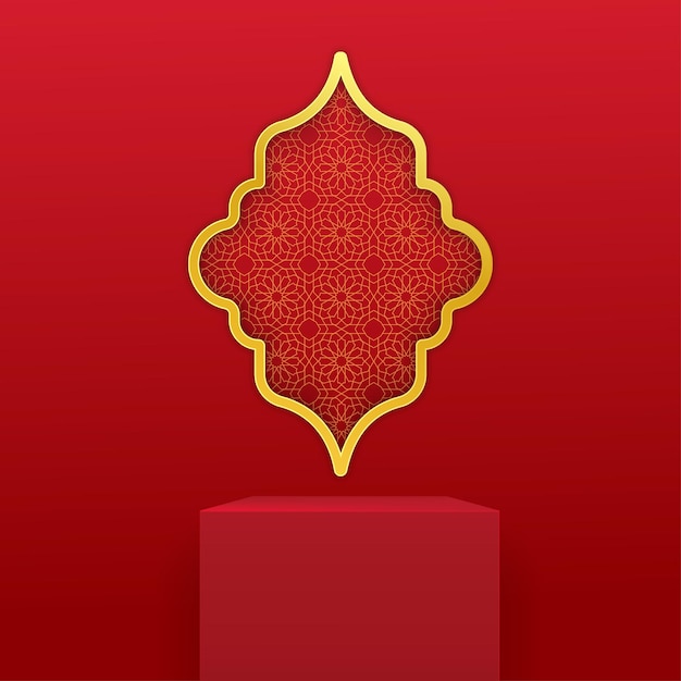 Modern red podium with arabic golden pattern background Vector