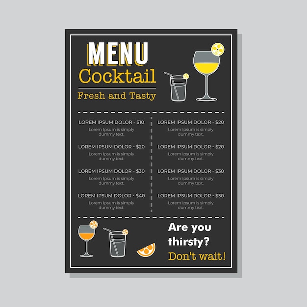 Design moderno della carta del menu dei cocktail del ristorante per il menu dei succhi in stile schizzo