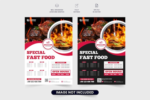 Modern restaurant flyer template for advertisement and marketing Food menu banner and poster vector with red and yellow colors Restaurant business promotion flyer template design