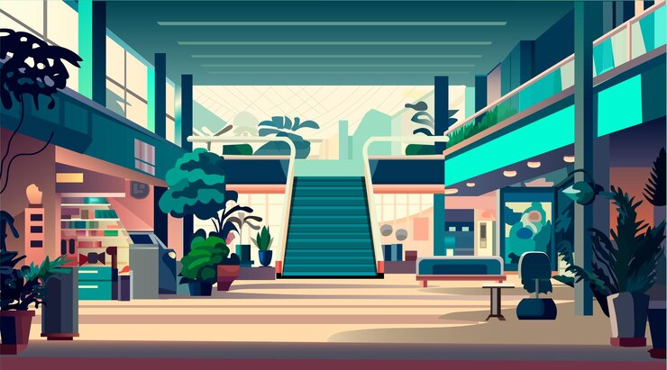Vector modern retail store with many shops empty no people shopping mall interior horizontal