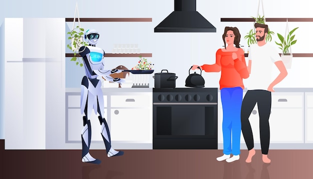 Vector modern robot brings ready vegetables salad to man woman couple artificial intelligence technology concept