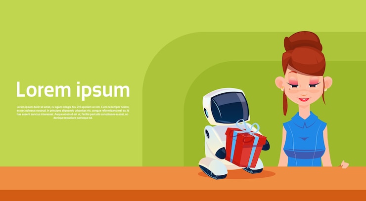 Vector modern robot brings woman present box