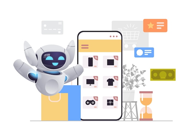 Robot moderno che sceglie gli elementi sullo schermo dello smartphone nell'app mobile shopping online marketing digitale concetto di e-commerce orizzontale a figura intera illustrazione vettoriale