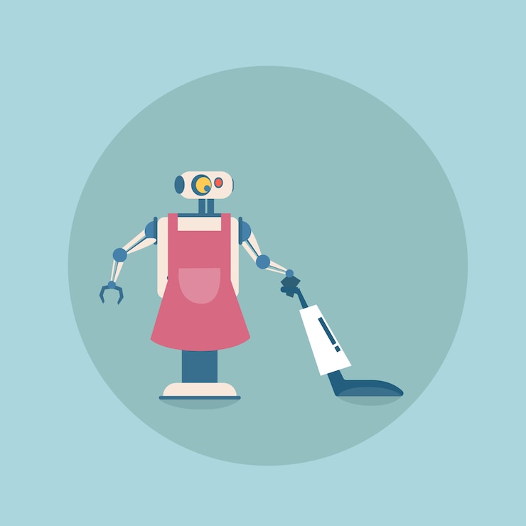Vector modern robot cleaning with vacuum cleaner icon, futuristic artificial intelligence mechanism housekeeping technology