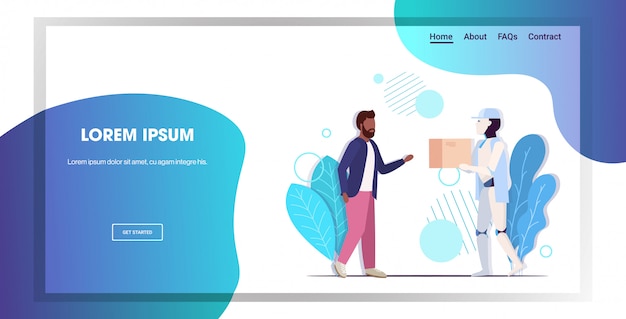 男性の受信者に段ボールの宅配ボックスを提供する現代のロボット