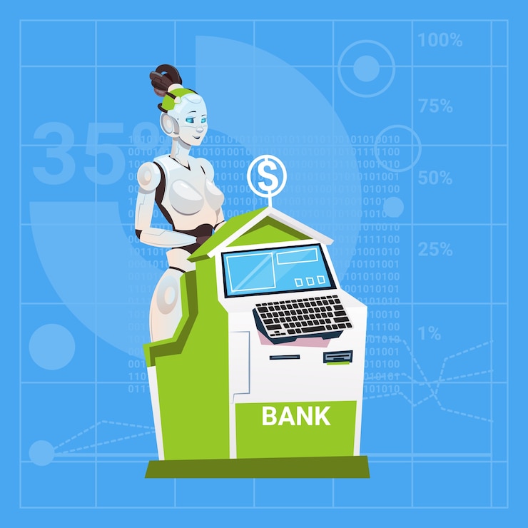 Vector modern robot female working in bank banker 