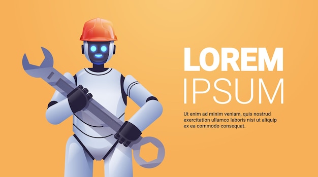modern robot in helmet holding wrench repair service artificial intelligence