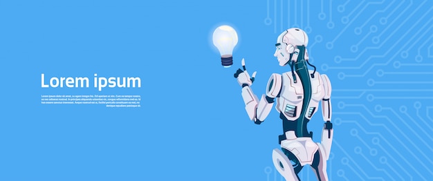 Modern robot hold light bulb, futuristic artificial intelligence mechanism technology