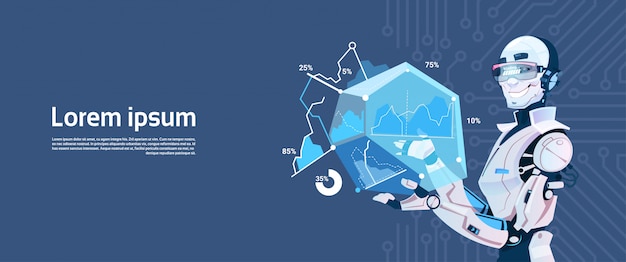 Moderno robot in attesa di caricamento diagramma grafico, tecnologia di meccanismo di intelligenza artificiale futuristico