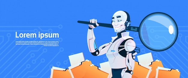 Modern Robot Hold Magnifying Glass Data Search Concept, Futuristic Artificial Intelligence Mechanism Technology