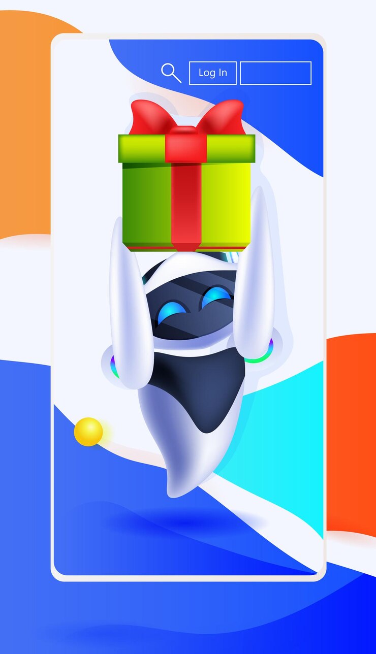 वेक्टर modern robot holding wrapped gift box on smartphone screen birthday or holiday celebration artificial intelligence concept full length vertical vector illustration