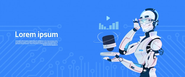 Modern Robot Listen Music Radio, футуристический механизм искусственного интеллекта