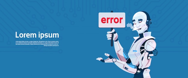 Vector modern robot show error message, futuristic artificial intelligence mechanism technology