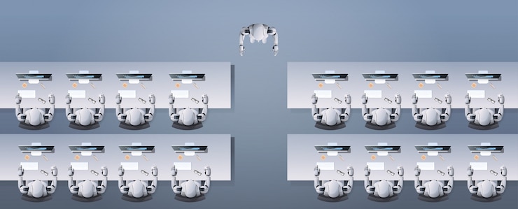 Vector modern robot teaching humanoid robots group sitting at desks in classroom robotic school artificial