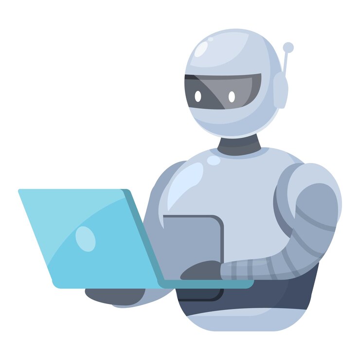 Vector modern robot using laptop working online artificial intelligence