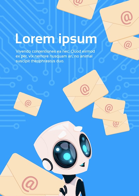 Modern robot with email messages chat bot over circuit background with copy space