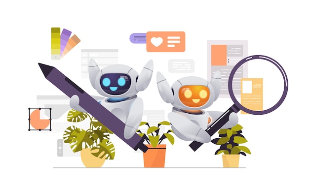 modern robots digital designers programmer and analyst team working together robotic developers optimizes software engineering concept horizontal vector illustration