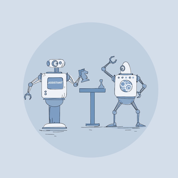 Vector modern robots playing chess icon, futuristic artificial intelligence mechanism technology