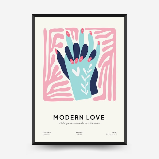 Modello di volantino o poster verticale romantico moderno. illustrazione alla moda disegnata a mano di arte della parete di amore.