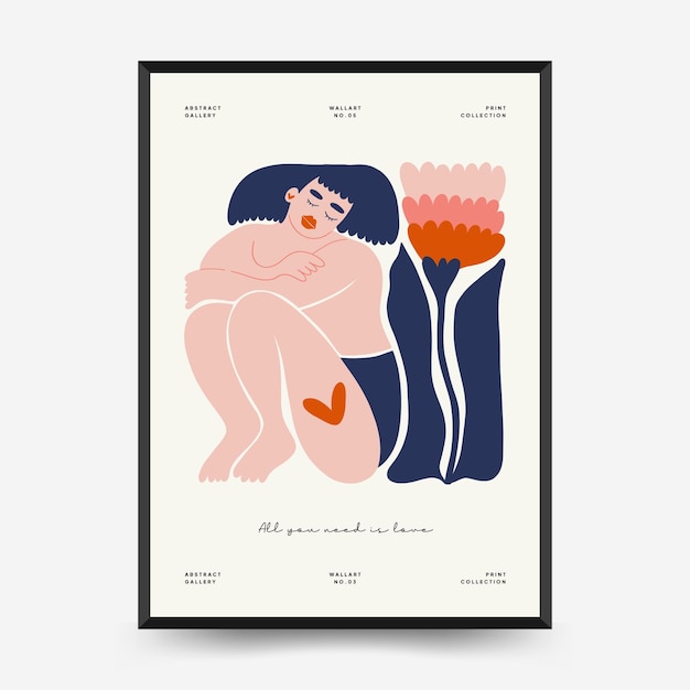 Modern Romantic vertical flyer or poster template. Love wall art hand drawn trendy illustration.