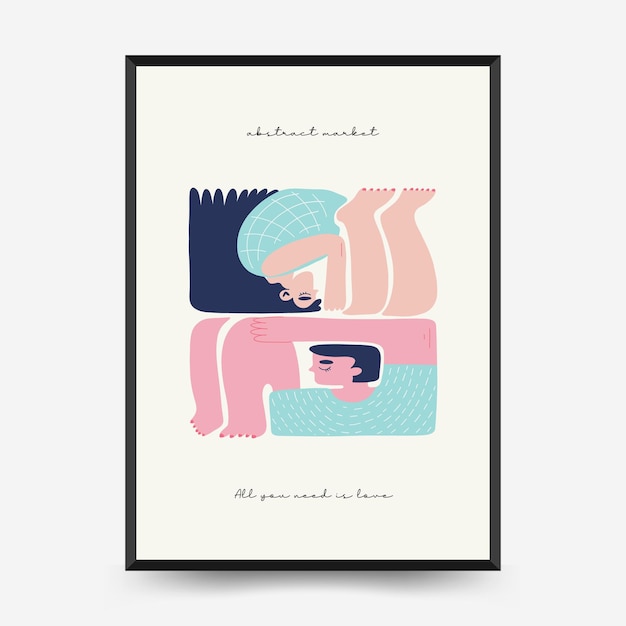 Modern Romantic vertical flyer or poster template. Love wall art hand drawn trendy illustration.