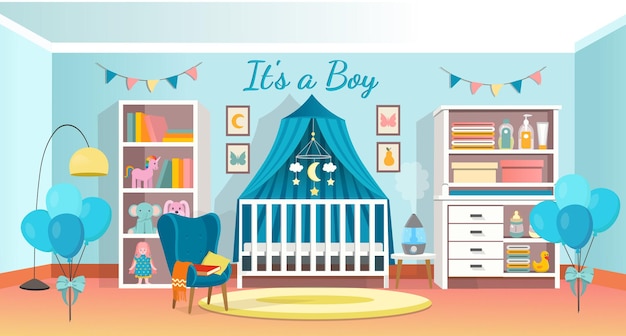 Modern room interior for newborn kid. interior bedroom for a baby with a cot, a dresser, armchair, a shelf. vector illustration.