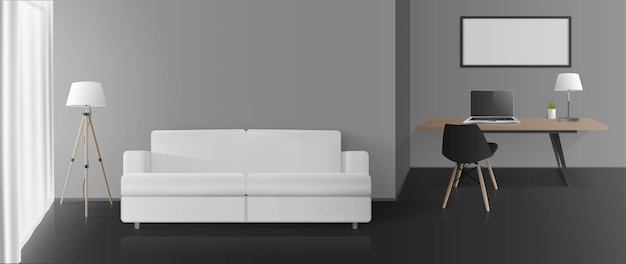 Modern room with gray walls, a work area and a seating area. Sofa, table, chair, floor lamp, laptop. Vector.