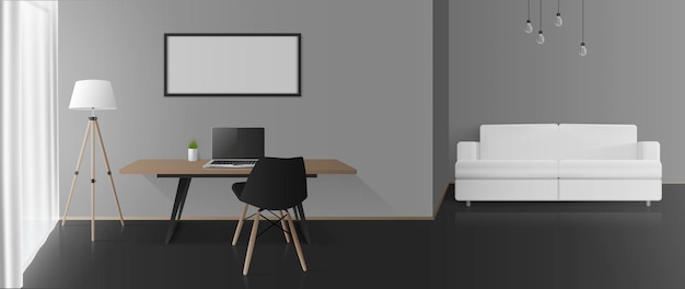 Vector modern room with gray walls, a work area and a seating area. sofa, table, chair, floor lamp, laptop. vector.